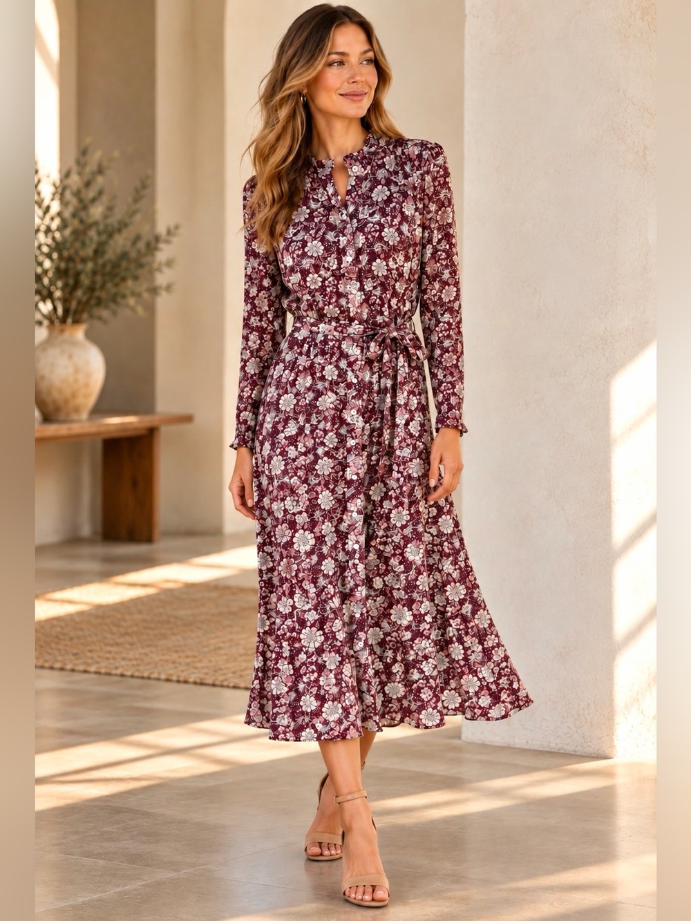NWT LOFT Burgundy Floral Button Front Midi Dress Size L